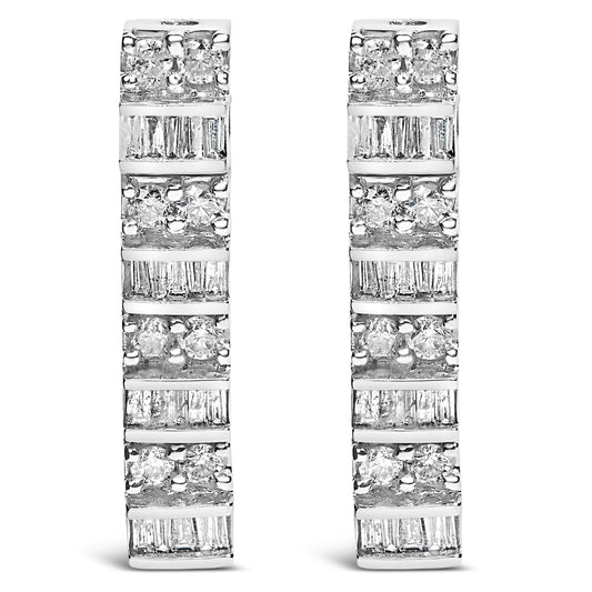 Front-facing view of white metal earrings with alternating rows of round white gemstones in prong settings and baguette white gemstones in channel settings.