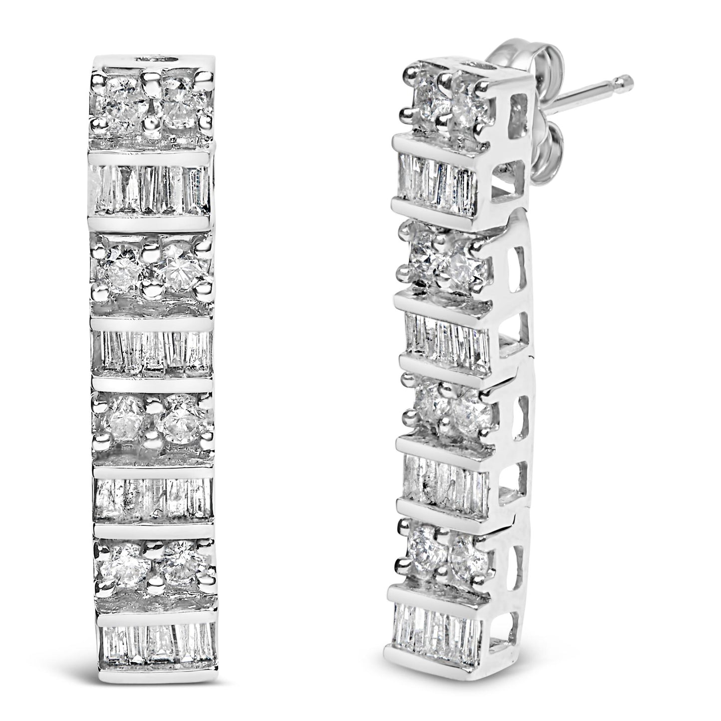 Pair of white metal earrings with alternating rows of round-shaped prong-set white gemstones and baguette-shaped channel-set white gemstones, shown from front and angled side views.