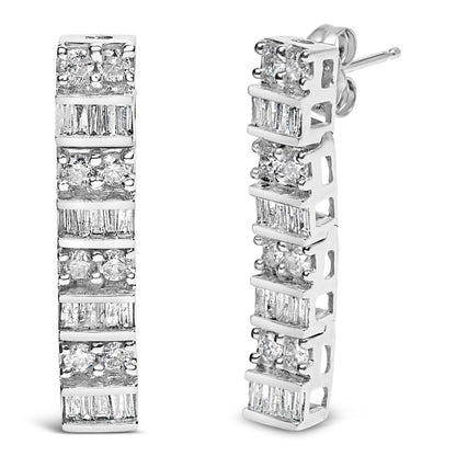 Pair of white metal earrings with alternating rows of round-shaped prong-set white gemstones and baguette-shaped channel-set white gemstones, shown from front and angled side views.