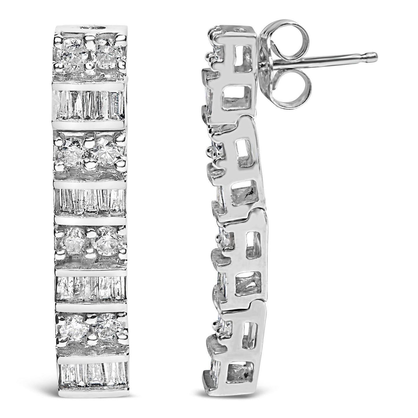 Close-up front and side views of white metal hoop earrings featuring alternating rows of round prong-set and baguette channel-set white gemstones.