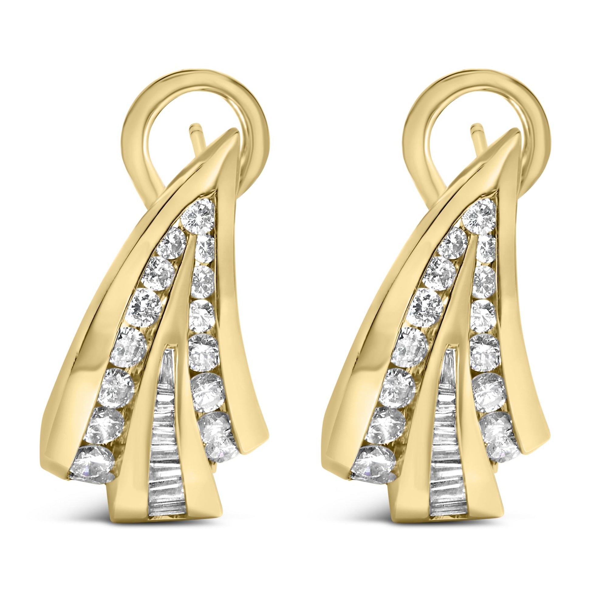 Front view of yellow metal earrings with curved design, featuring channel-set round and baguette white gemstones.
