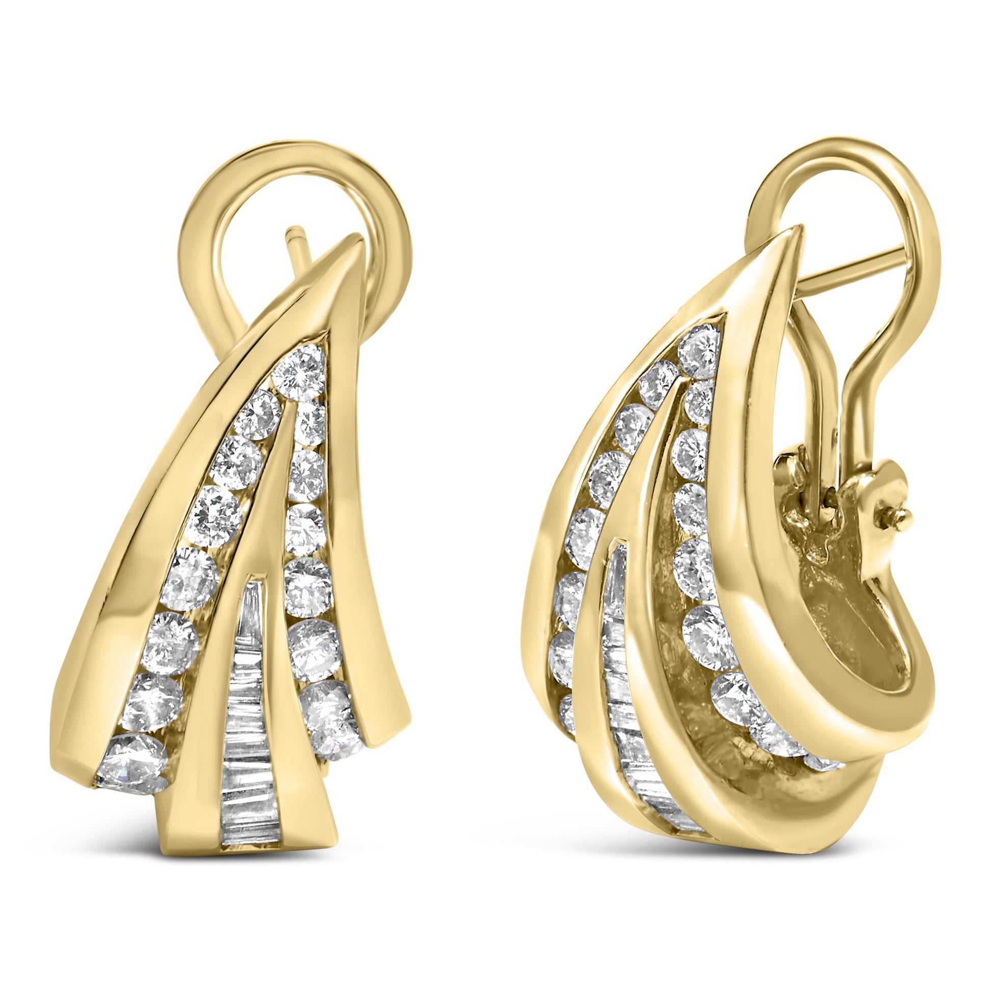Close-up shot of a pair of yellow metal earrings with overlapping curved shapes, featuring channel-set white round and baguette gemstones, displayed against a white background.