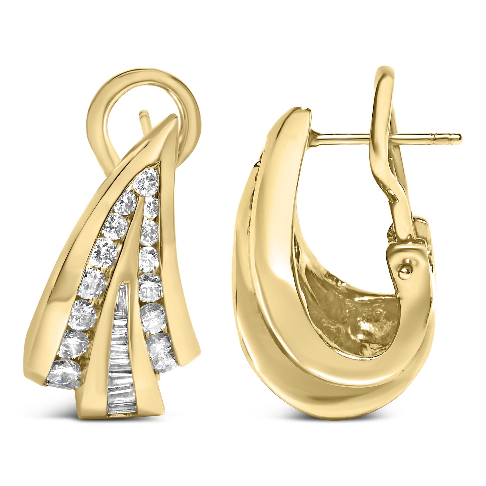 Pair of yellow metal earrings displayed front and side views, featuring channel set round and baguette white gemstones, shown against a white background.