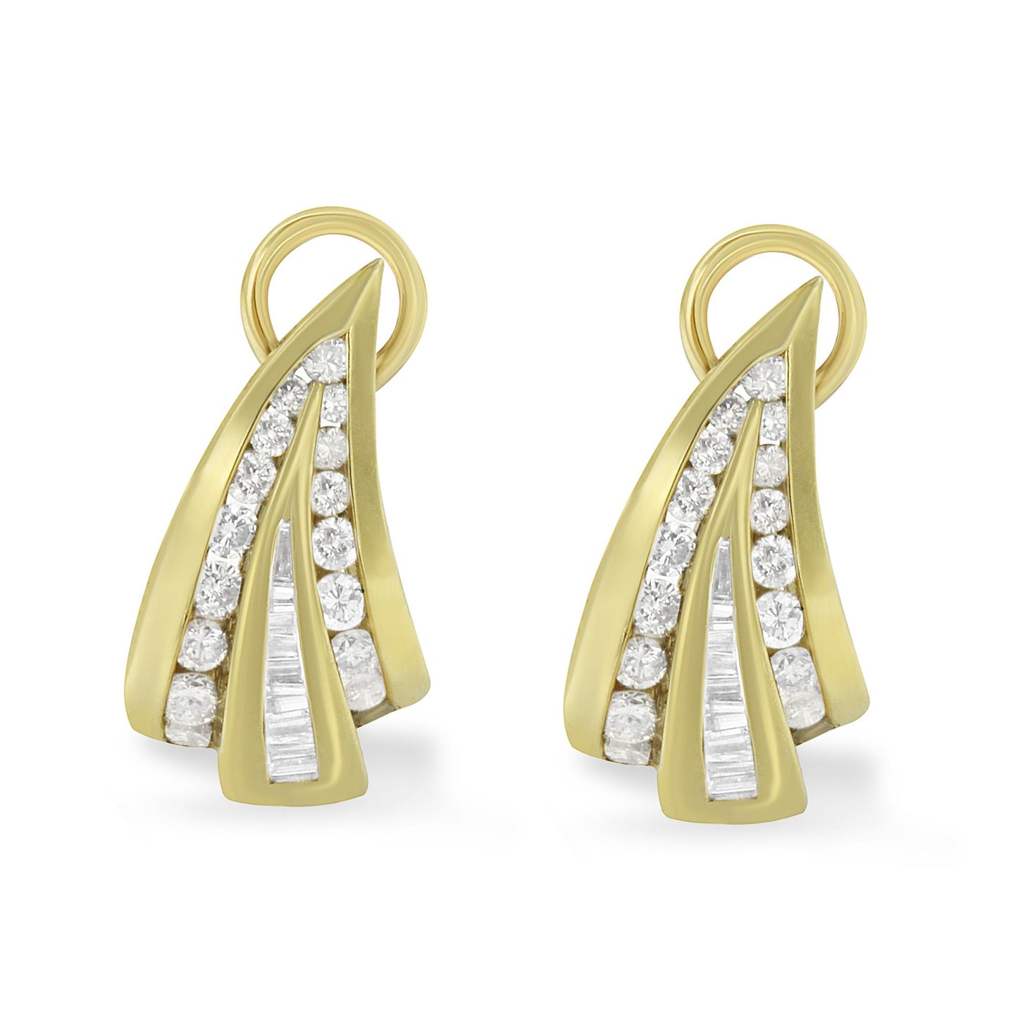 Pair of yellow metal earrings with an abstract curved design featuring channel-set white round and baguette gemstones, shown in a front-facing angle.