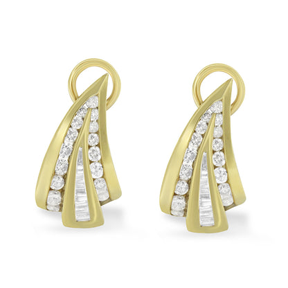 Pair of yellow metal earrings with an abstract curved design featuring channel-set white round and baguette gemstones, shown in a front-facing angle.