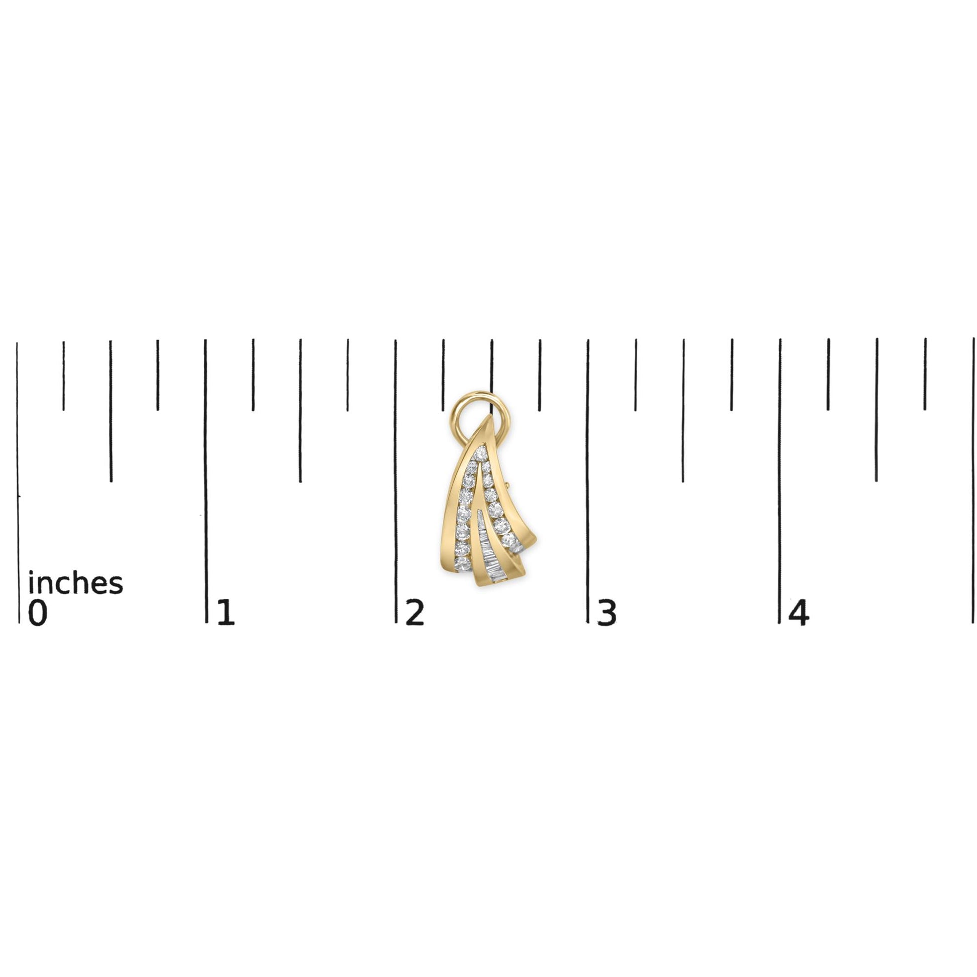 Close-up front view of a yellow metal earring with channel-set white round and baguette gemstones, shown on a ruler for size reference.