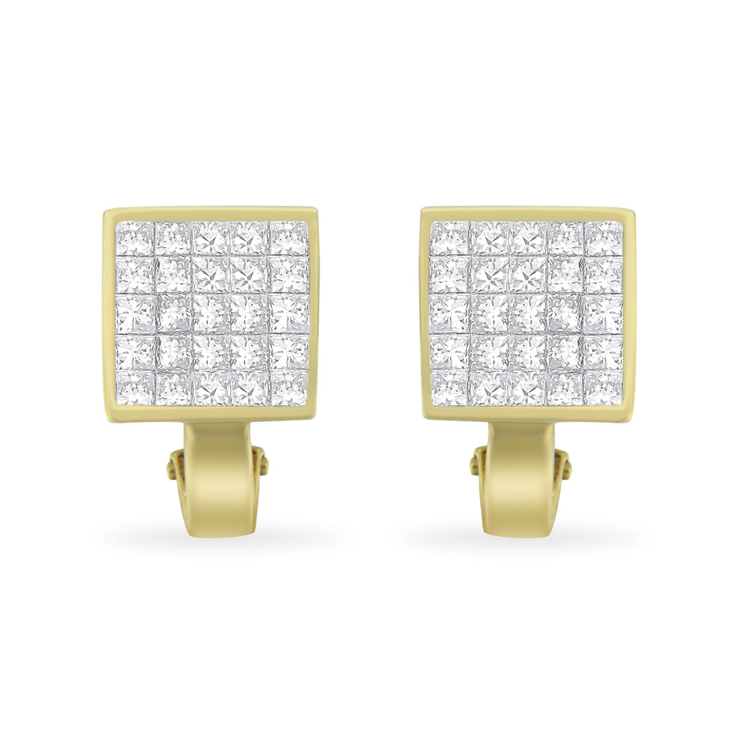 Front-facing view of square yellow metal earrings with multiple white princess-shaped gemstones in an invisible setting.