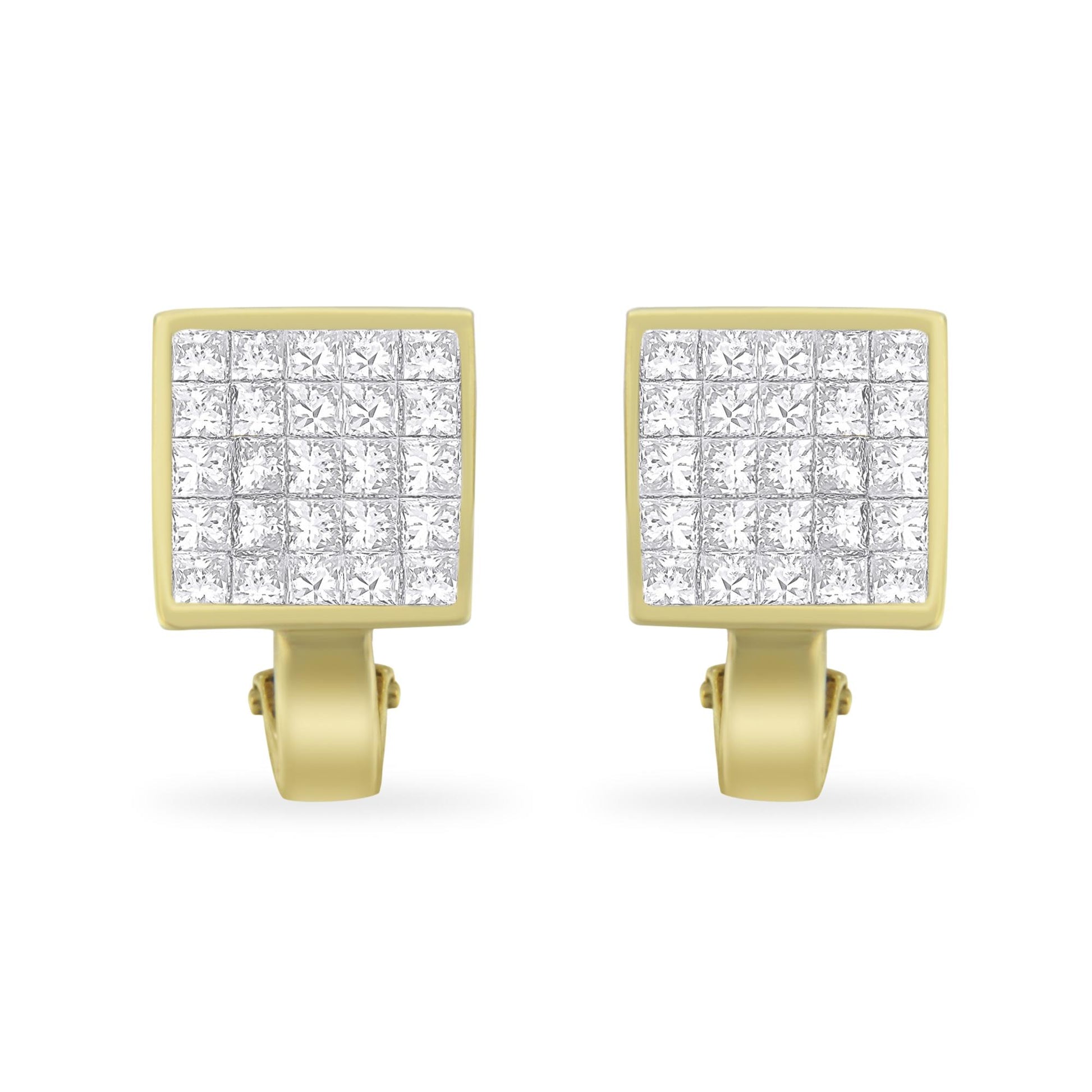 Front-facing view of square yellow metal earrings with multiple white princess-shaped gemstones in an invisible setting.