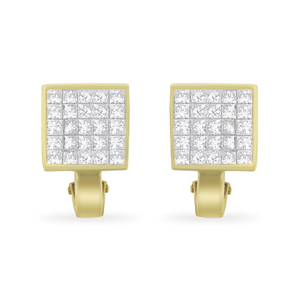 Front-facing view of square yellow metal earrings with multiple white princess-shaped gemstones in an invisible setting.