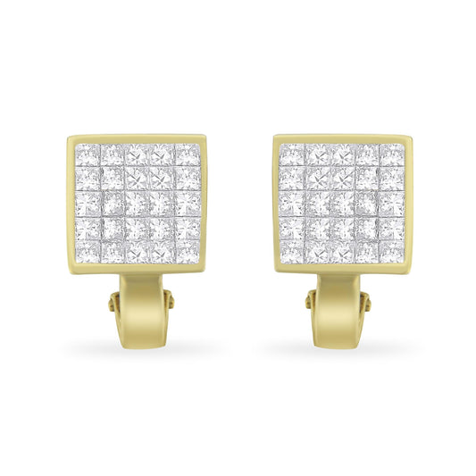 Front-facing view of square yellow metal earrings with multiple white princess-shaped gemstones in an invisible setting.