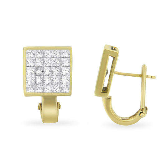 Pair of yellow metal square earrings with multiple white gemstones in an invisible setting, shown from front and side angles.
