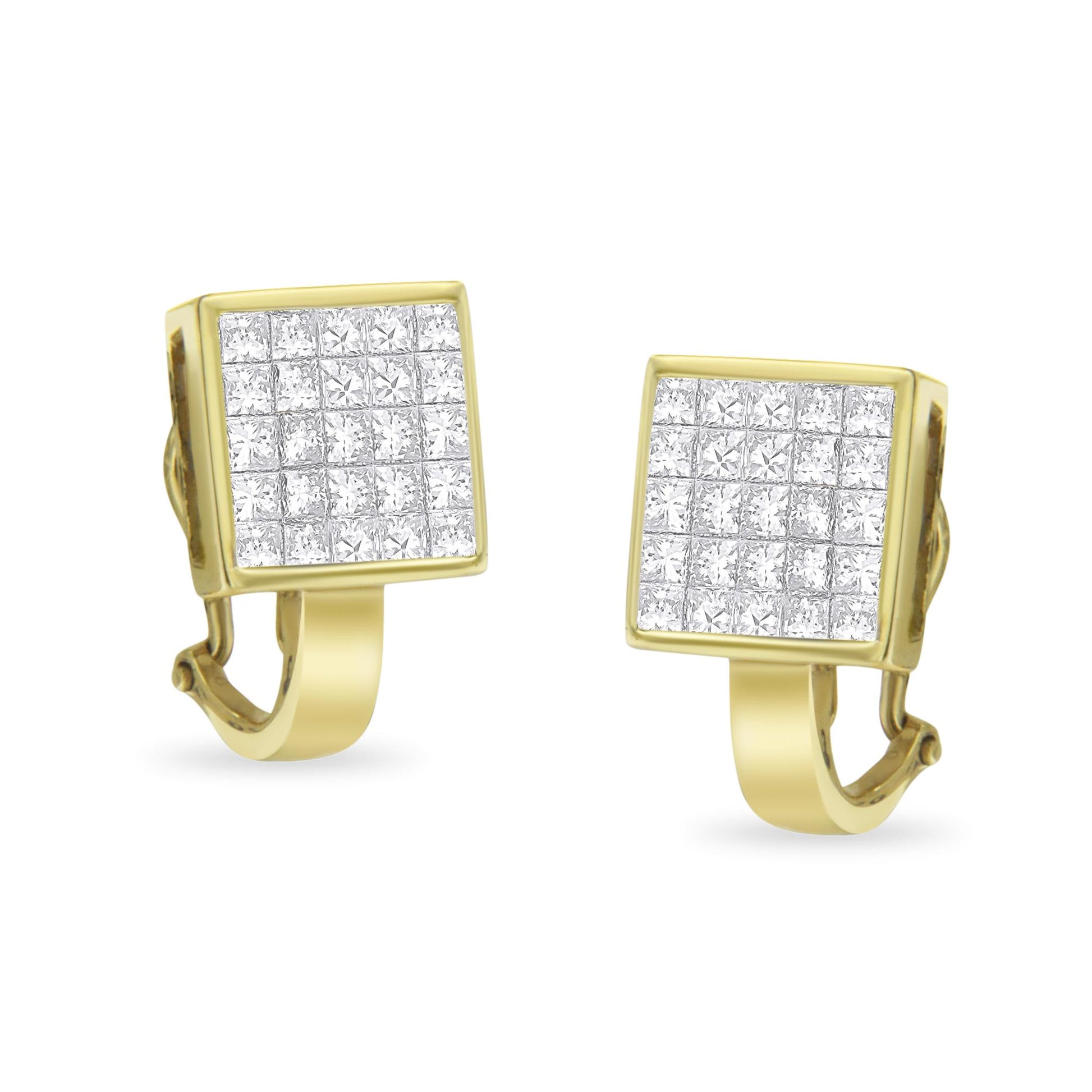 Close-up front angle of a pair of yellow metal square earrings set with multiple white princess shape gemstones in an invisible setting.