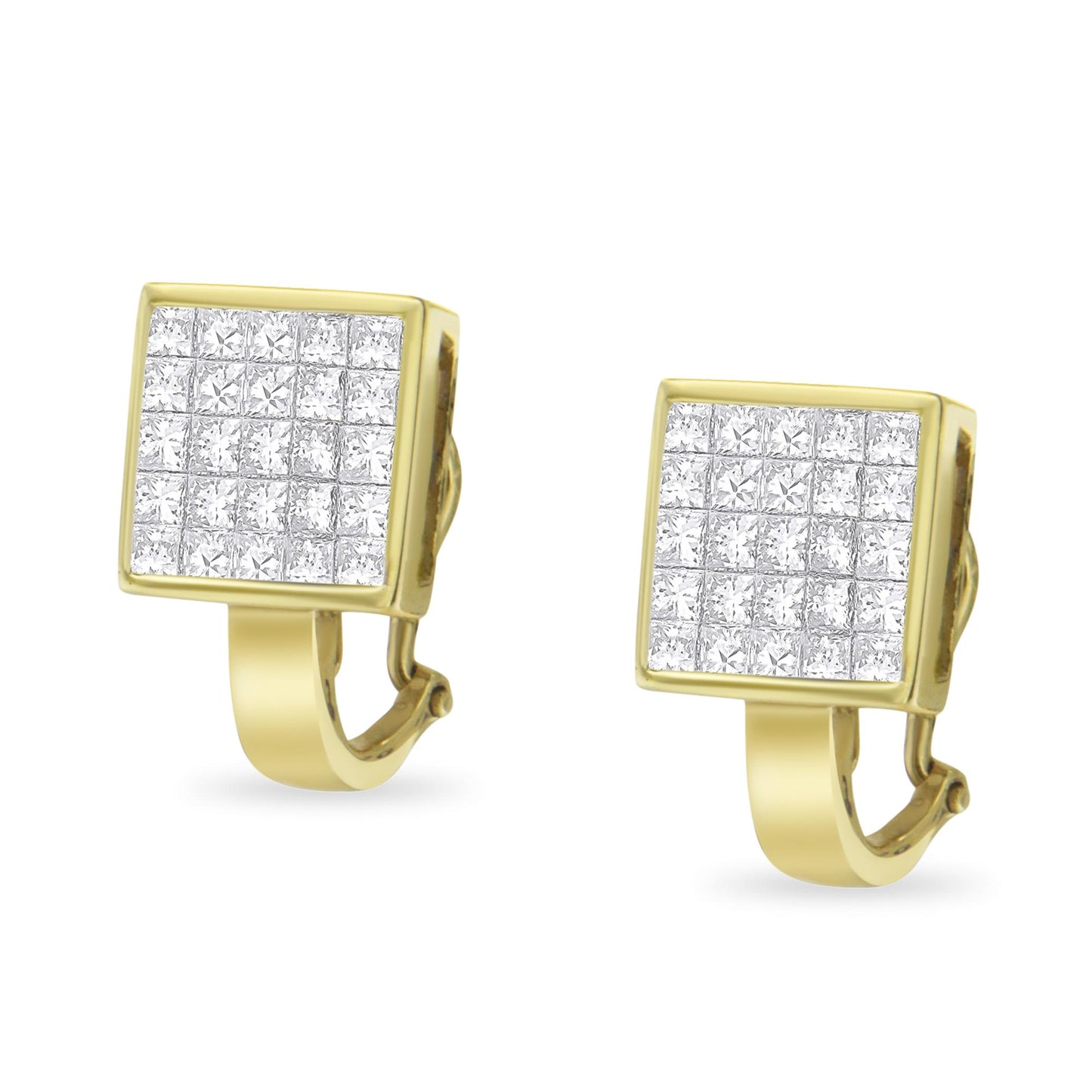 Pair of yellow metal square-shaped earrings with white princess cut gemstones in invisible setting, shown in a front angled view.