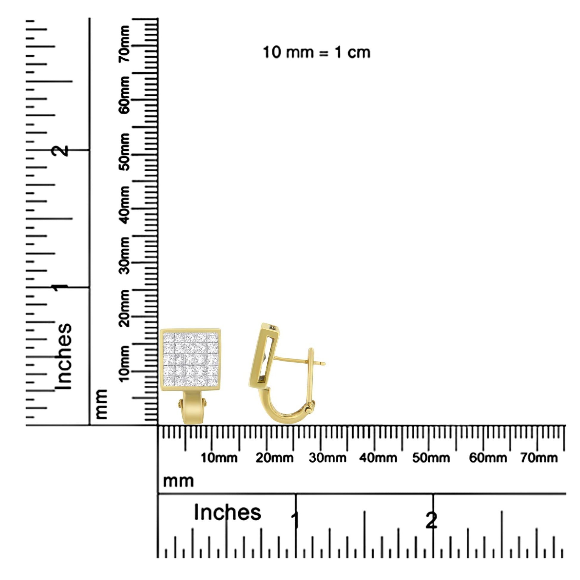 Front and side view of yellow metal square-shaped earrings with multiple white gemstones, displayed on a ruler for size reference.