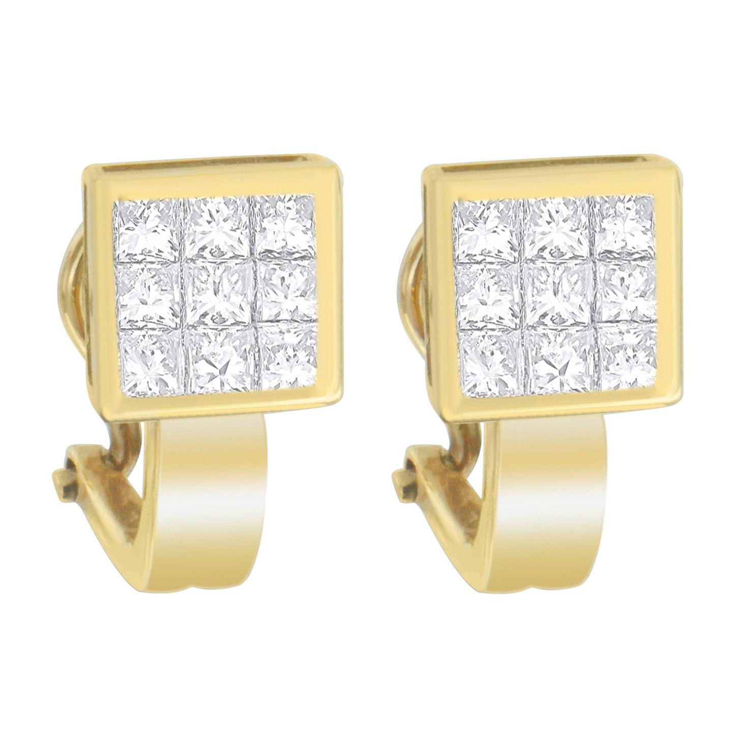 Front angled view of yellow metal square-shaped earrings with a grid of white princess-cut gemstones in an invisible setting.