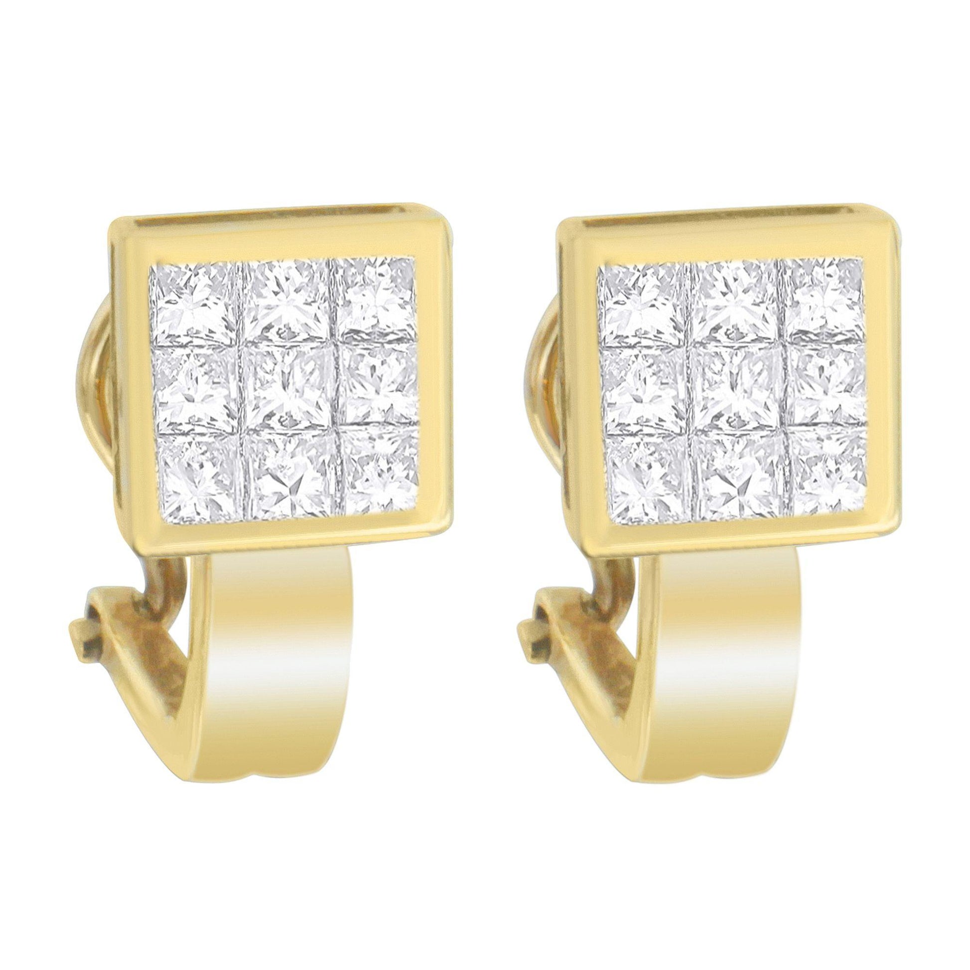 Front angled view of yellow metal square-shaped earrings with a grid of white princess-cut gemstones in an invisible setting.