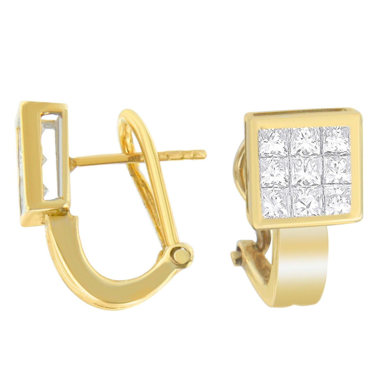 Pair of yellow metal square earrings with white princess-shaped gemstones in an invisible setting, shown from front and side angles.