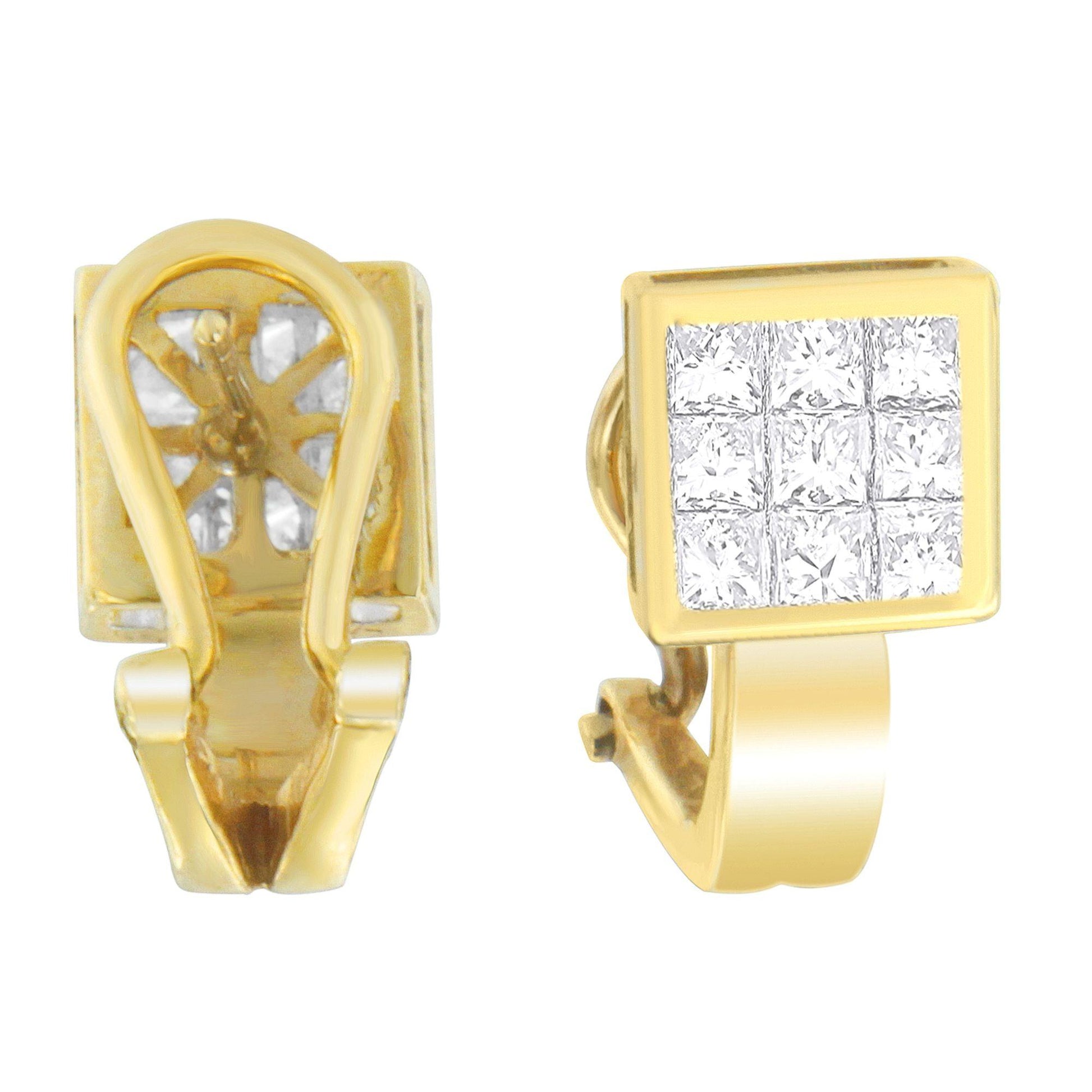 Front and back view of yellow metal square earrings with a cluster of white princess shaped gemstones in an invisible setting, shown against a white background.
