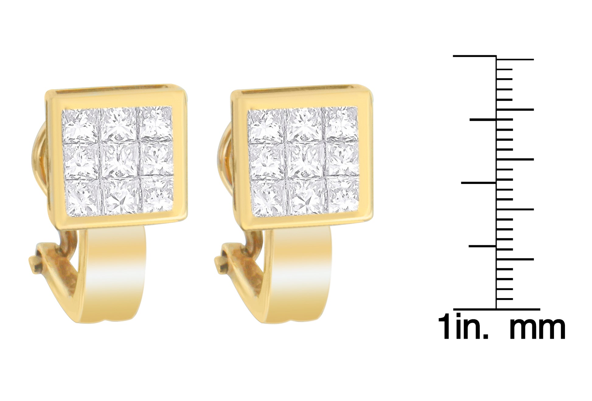 Close-up front angle of pair of yellow metal earrings with square tops set with small white gemstones in a grid pattern, shown next to a ruler for size reference.