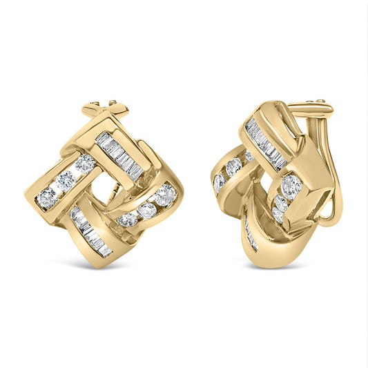 Close-up front angled view of yellow metal earrings featuring intertwined design with channel-set white round and baguette gemstones.