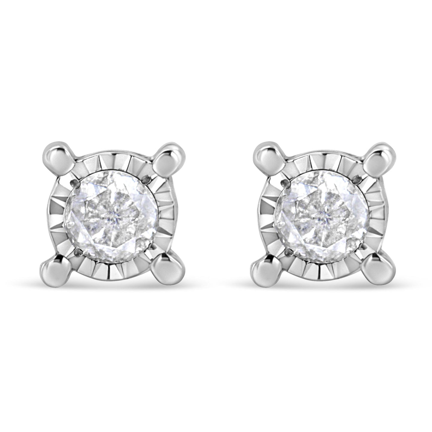 Pair of white metal stud earrings with round white gemstones in a miracle setting, shown from the front angle on a white background.