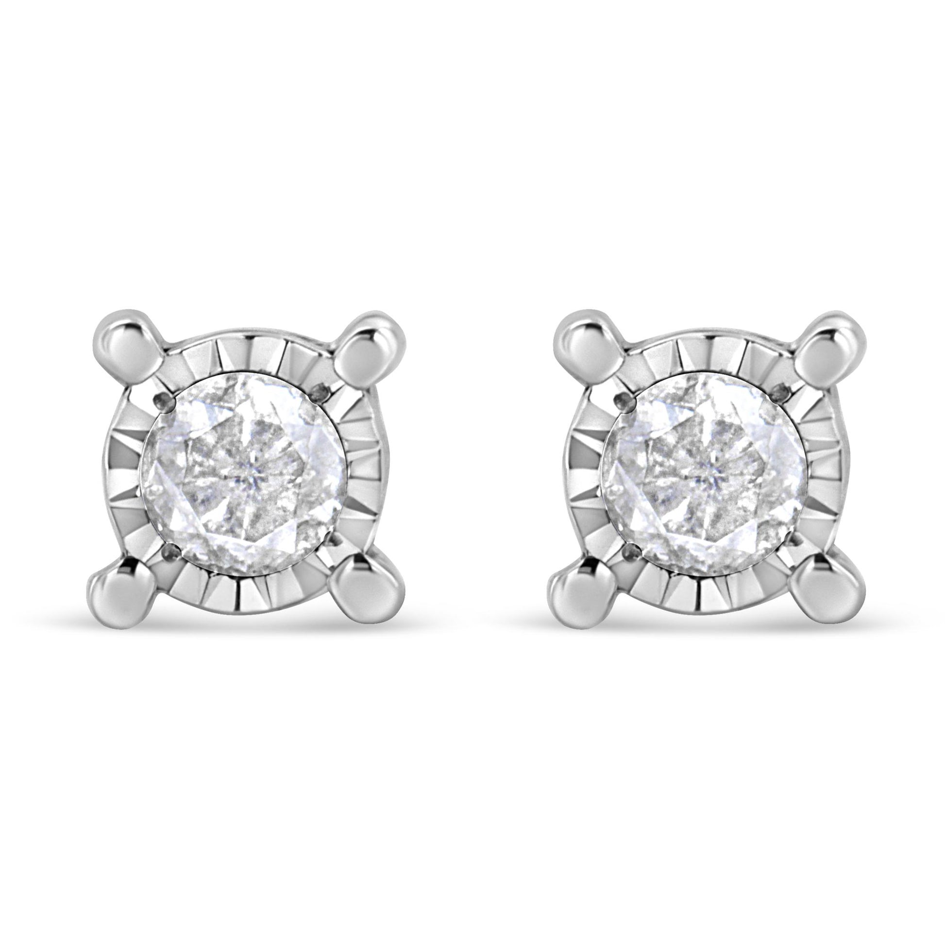 Pair of white metal stud earrings with round white gemstones in a miracle setting, shown from the front angle on a white background.