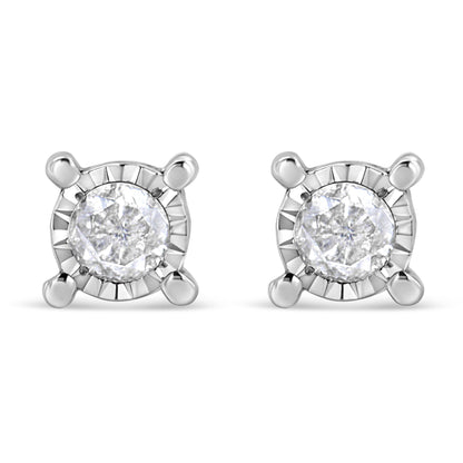 Pair of white metal stud earrings with round white gemstones in a miracle setting, shown from the front angle on a white background.