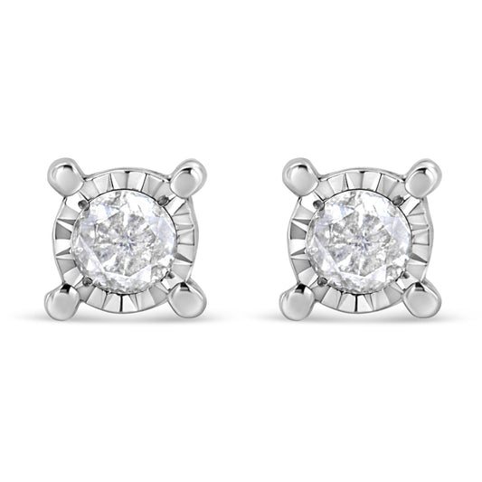 Pair of white metal stud earrings with round white gemstones in a miracle setting, shown from the front angle on a white background.