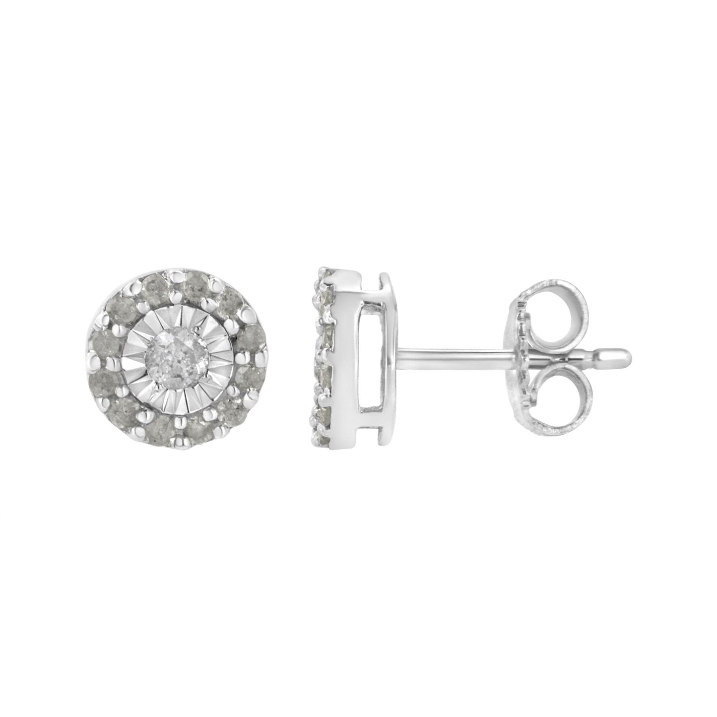 Front and side view of white metal stud earrings with round white gemstones in two settings, shown against a white background.