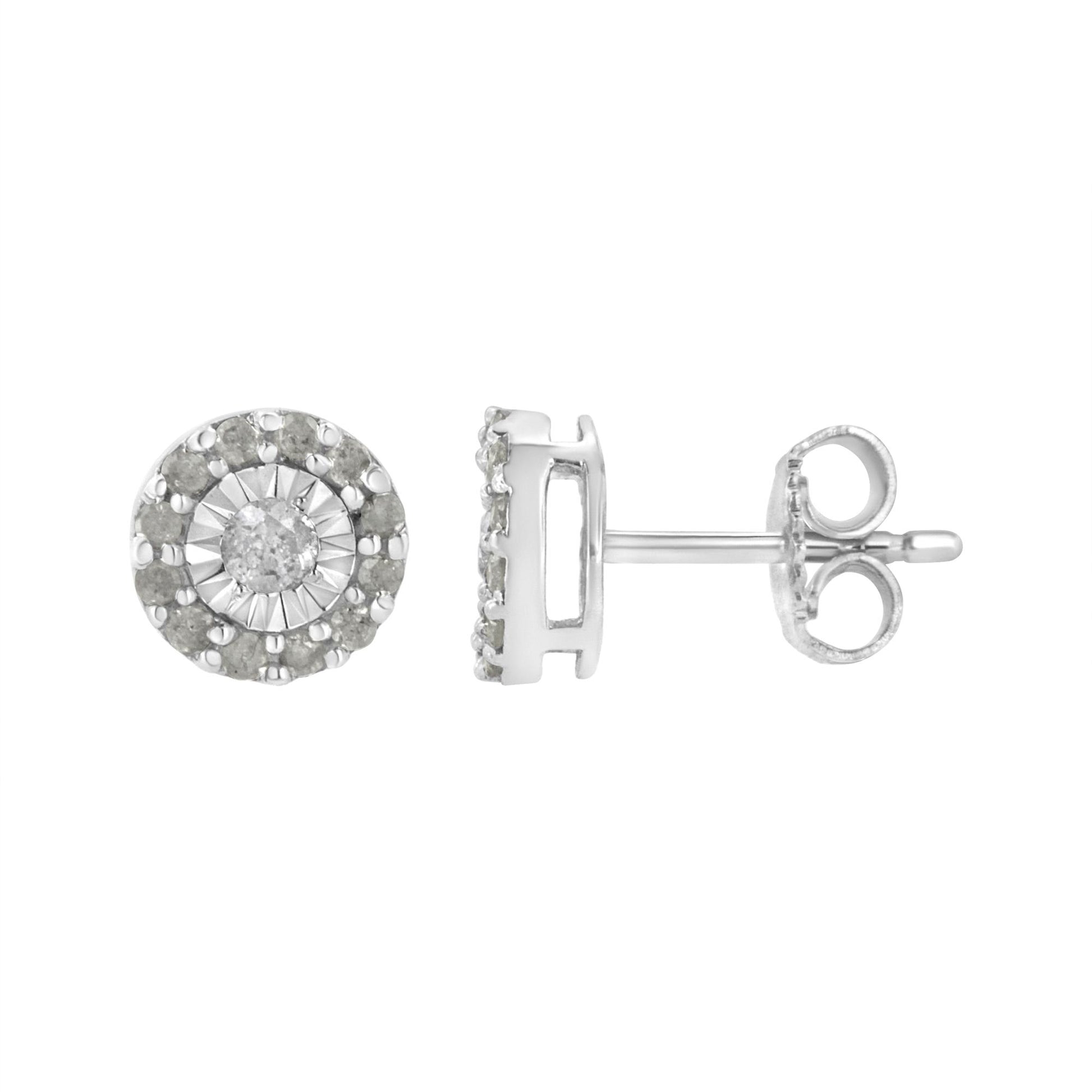Front and side view of white metal stud earrings with round white gemstones in two settings, shown against a white background.