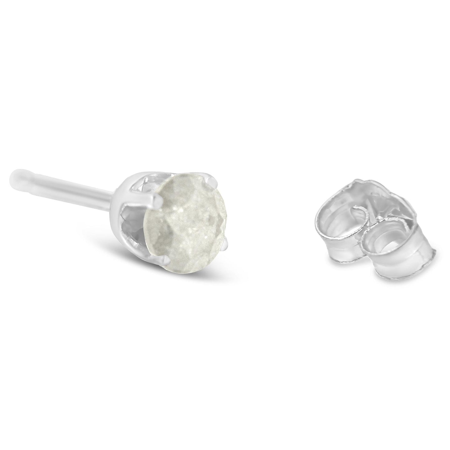 Close-up front angle of a white metal stud earring with a round prong-set white gemstone and a separate earring back.