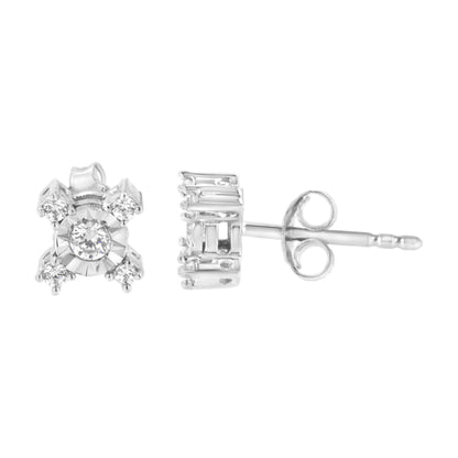 Pair of white metal stud earrings with round white gemstones in miracle and prong settings, shown from front and side angles.