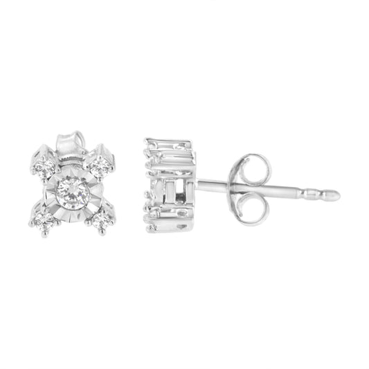 Pair of white metal stud earrings with round white gemstones in miracle and prong settings, shown from front and side angles.