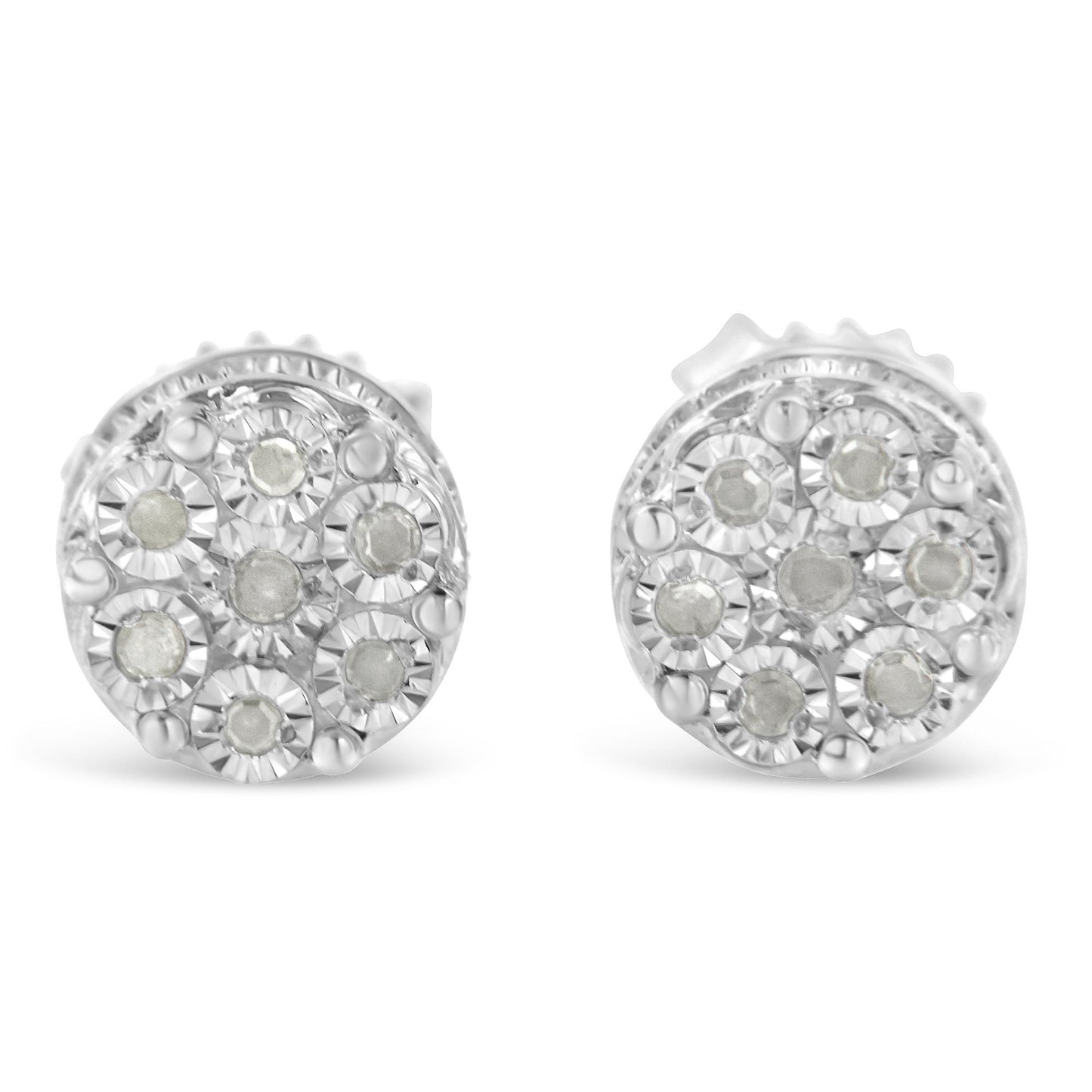 Pair of white metal round earrings with multiple round white gemstones set in a cluster, front-facing angle.