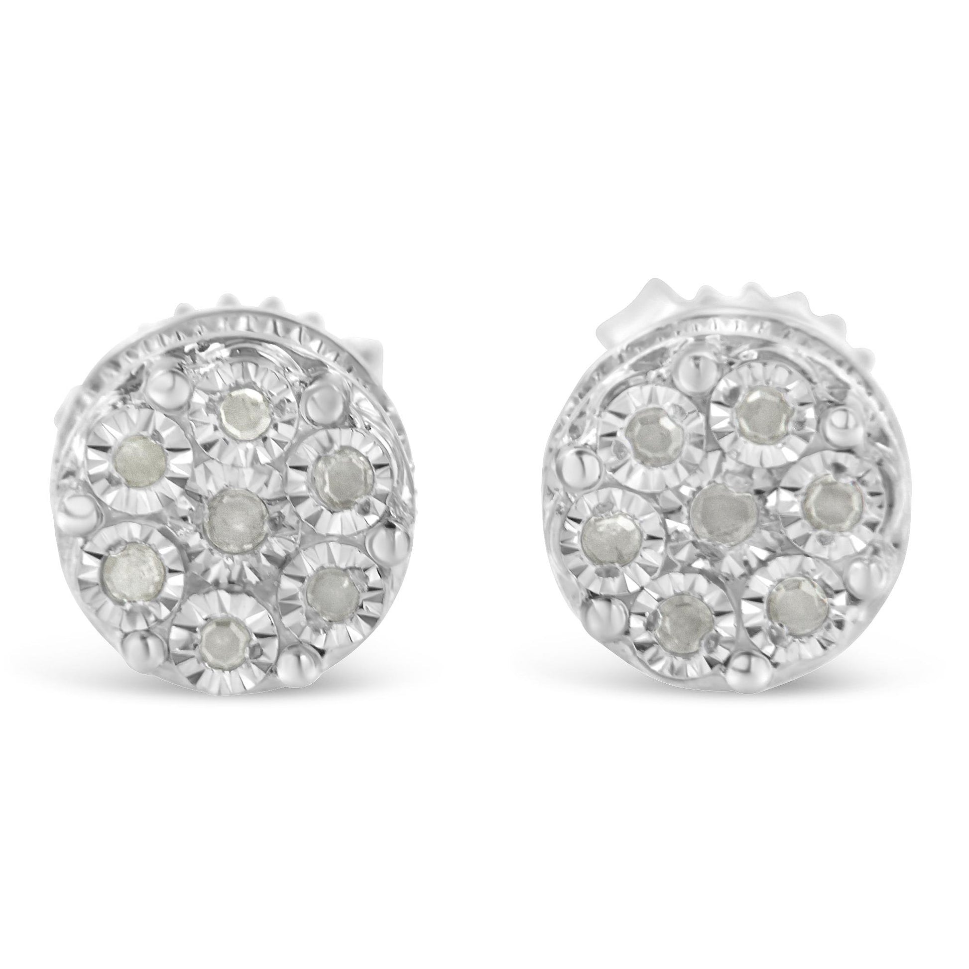 Pair of white metal round earrings with multiple round white gemstones set in a cluster, front-facing angle.