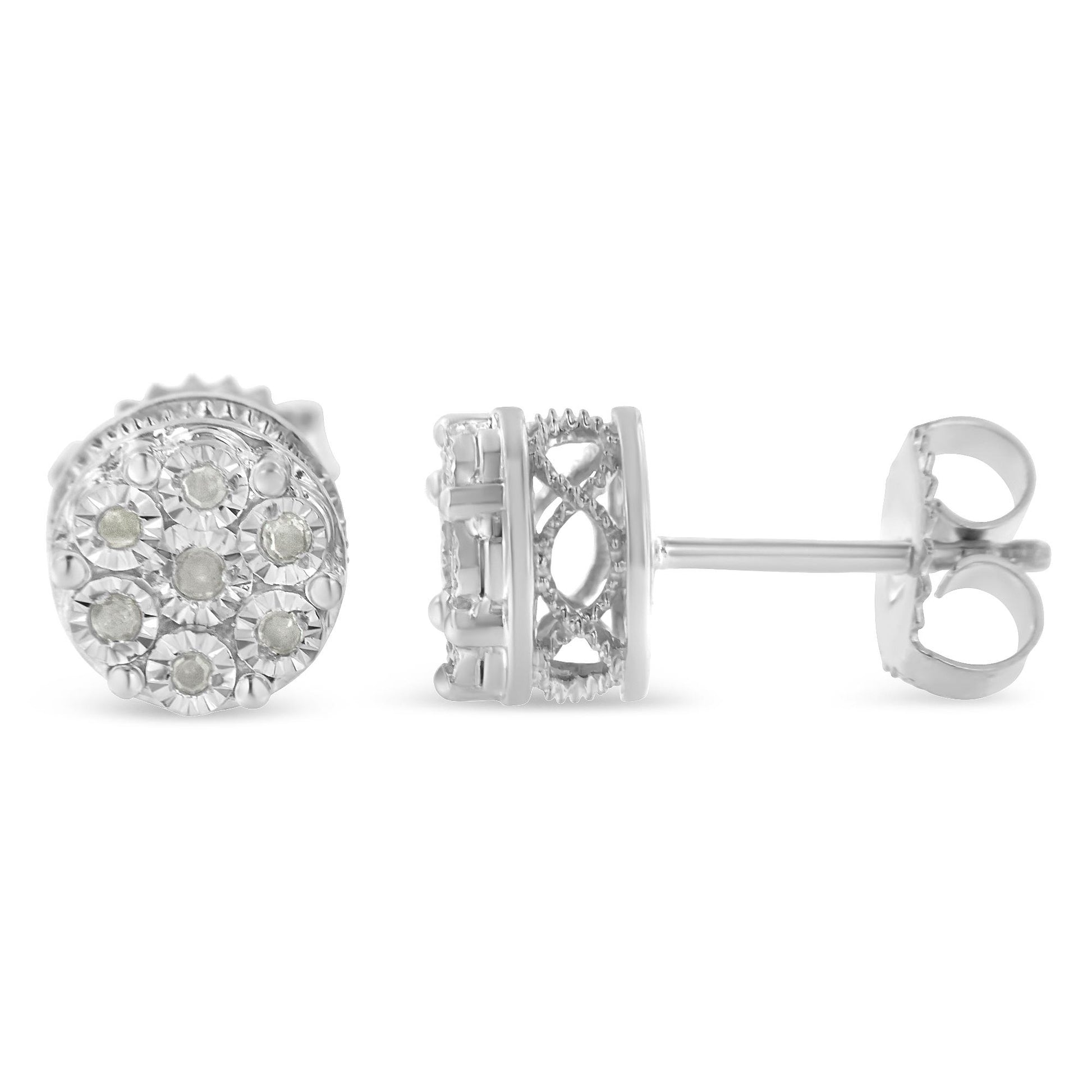 Front and side view of white metal round stud earrings with multiple small white gemstones in miracle setting, close-up.