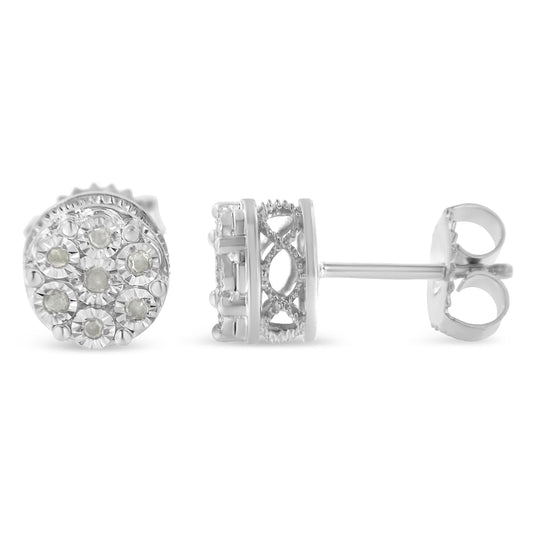 Front and side view of white metal round stud earrings with multiple small white gemstones in miracle setting, close-up.