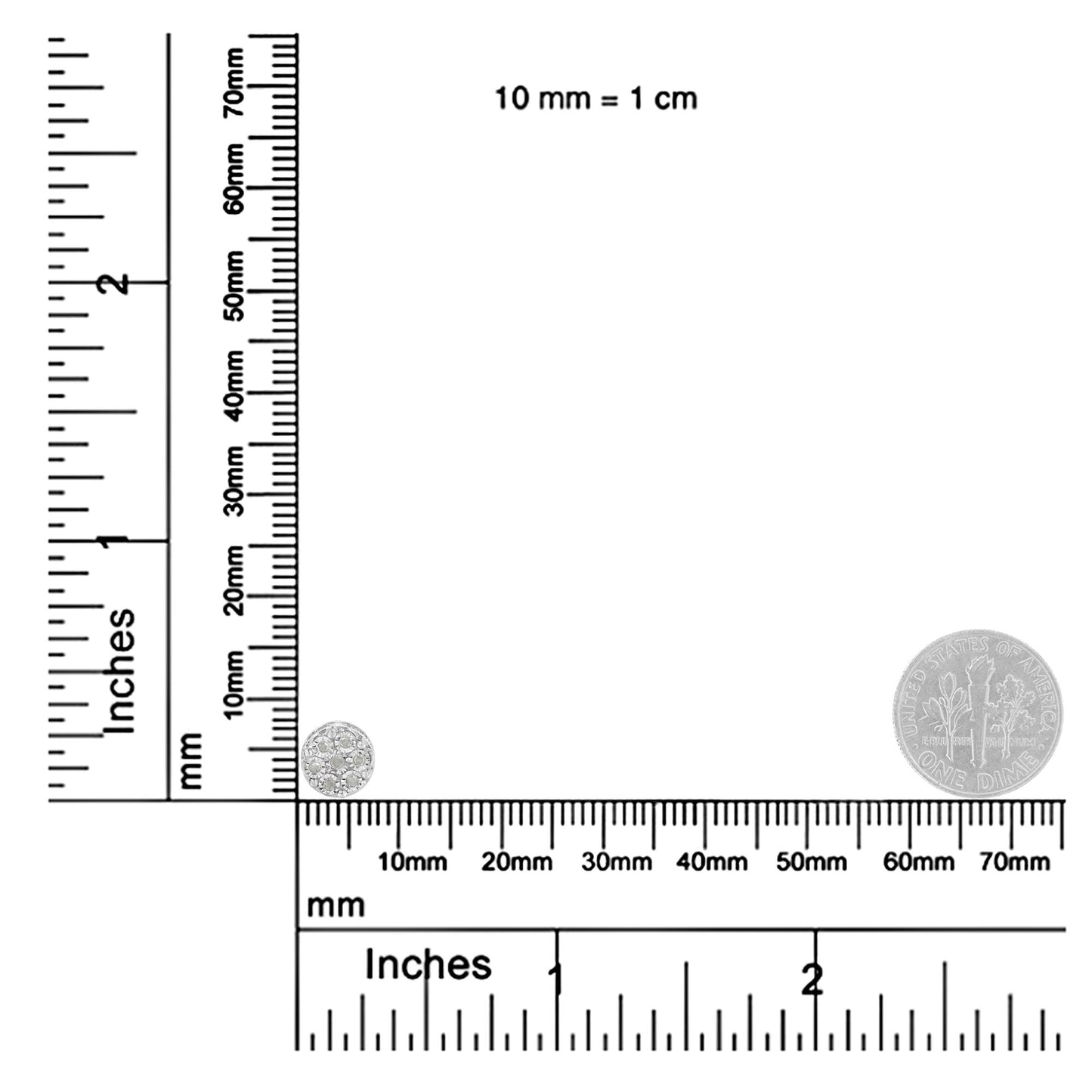 White metal round stud earring with white gemstones in miracle setting, shown on a ruler and scale for size reference, front angle.
