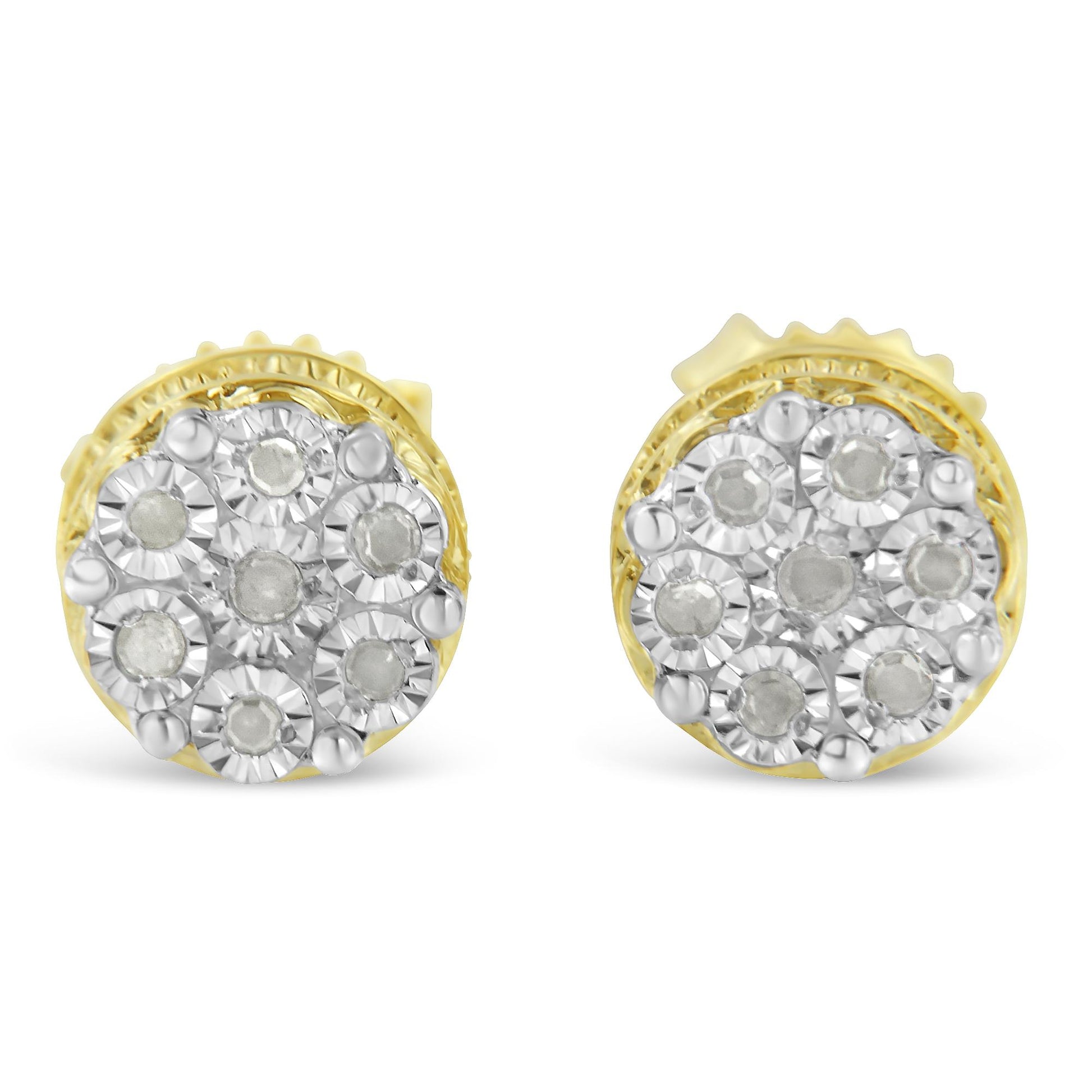 Front angle view of yellow metal round cluster earrings with white round gemstones in miracle settings.