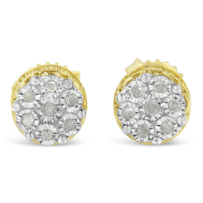 Front angle view of yellow metal round cluster earrings with white round gemstones in miracle settings.