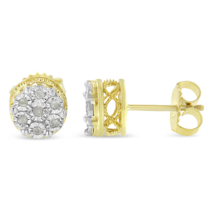 Yellow metal stud earrings with round white gemstones set in a cluster, shown from front and side angles.