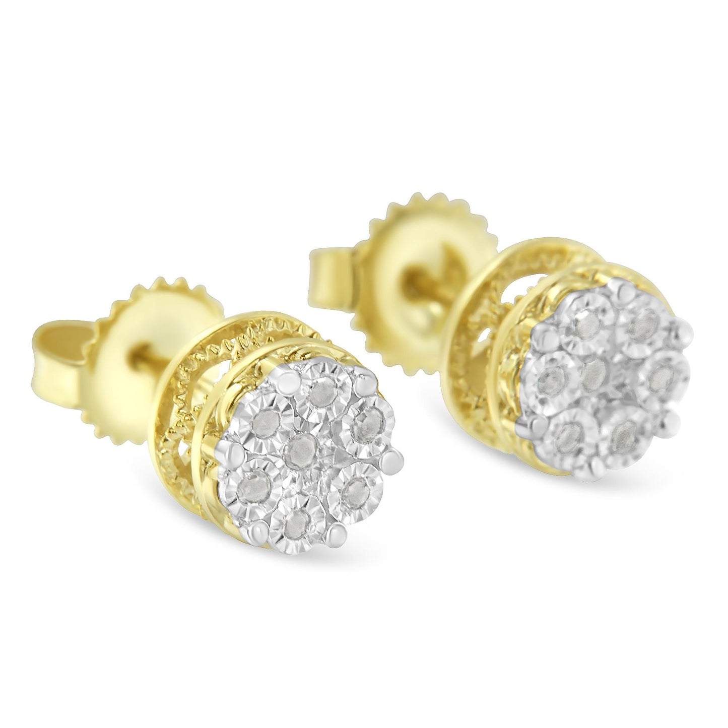 Close-up front angle of a pair of yellow metal stud earrings featuring clusters of white round gemstones in a miracle setting.