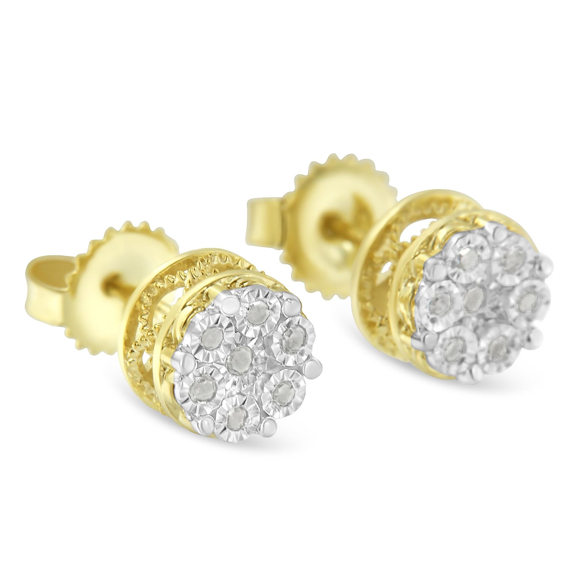 Close-up front angle of a pair of yellow metal stud earrings featuring clusters of white round gemstones in a miracle setting.