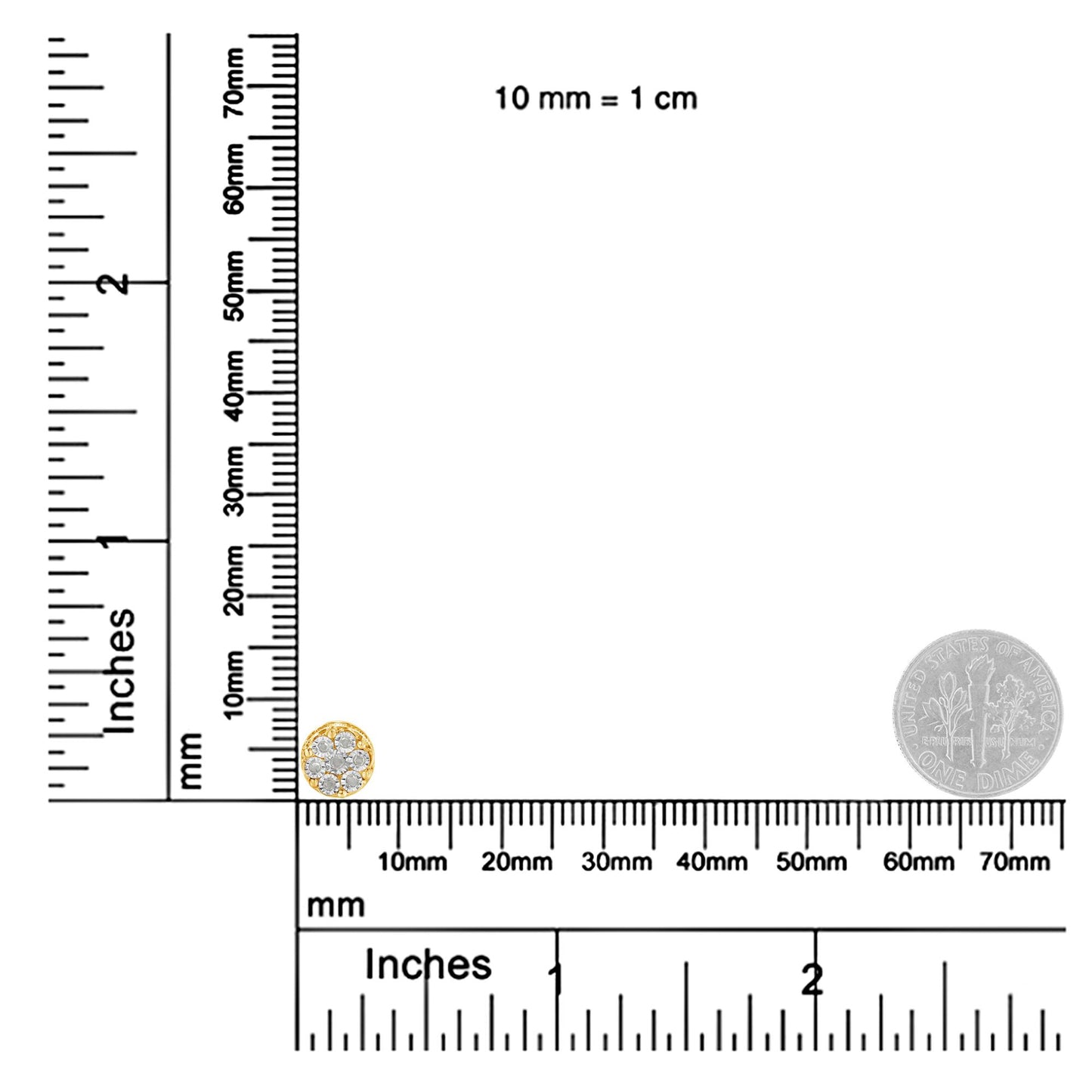 Close-up top angle shot of a yellow metal round earring with white round gemstones in a miracle setting, placed on rulers for size reference.