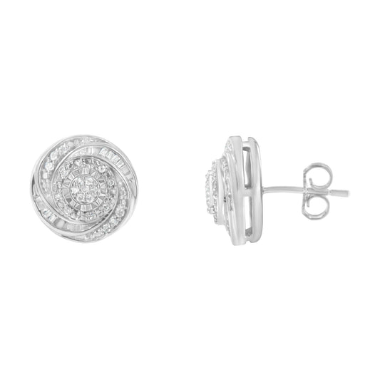 Front and side views of white metal round stud earrings featuring white round prong-set and baguette channel-set gemstones in a spiral design.