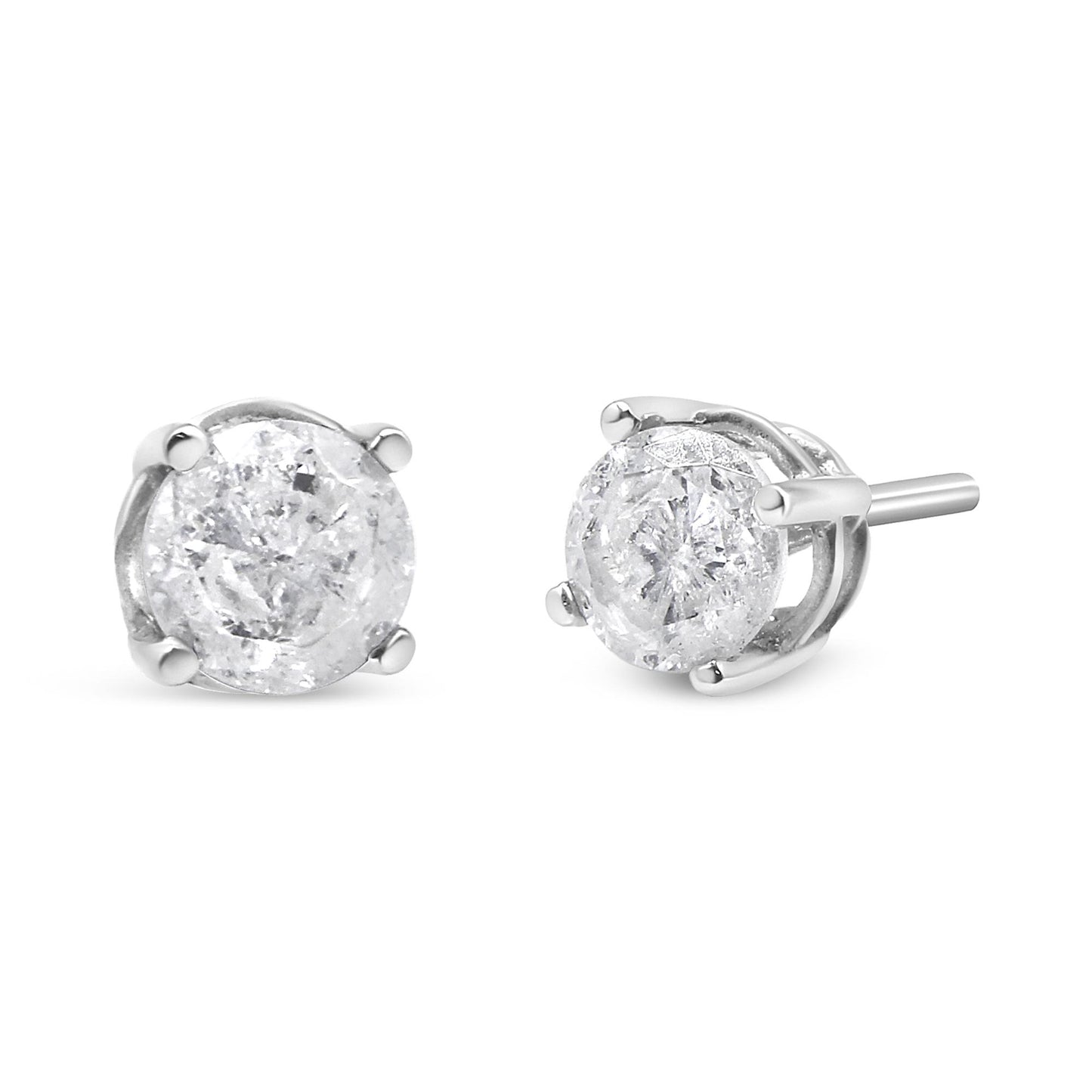 Pair of white metal stud earrings with round white gemstones in prong settings, shown from a front and side angle on a white background.