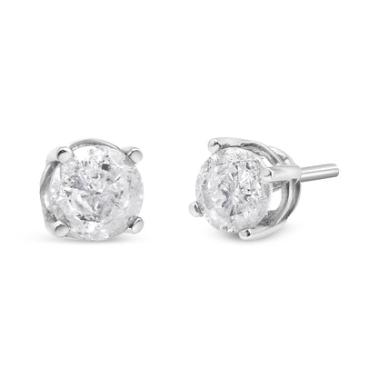 Pair of white metal stud earrings with round white gemstones in prong settings, shown from a front and side angle on a white background.