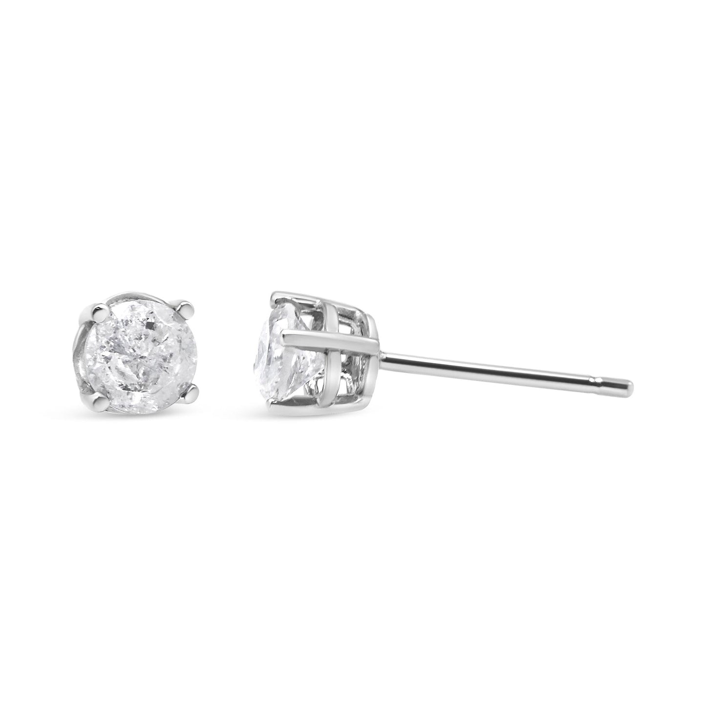 Pair of white stud earrings with round white gemstones in prong settings, shown from the front and side on a white background.