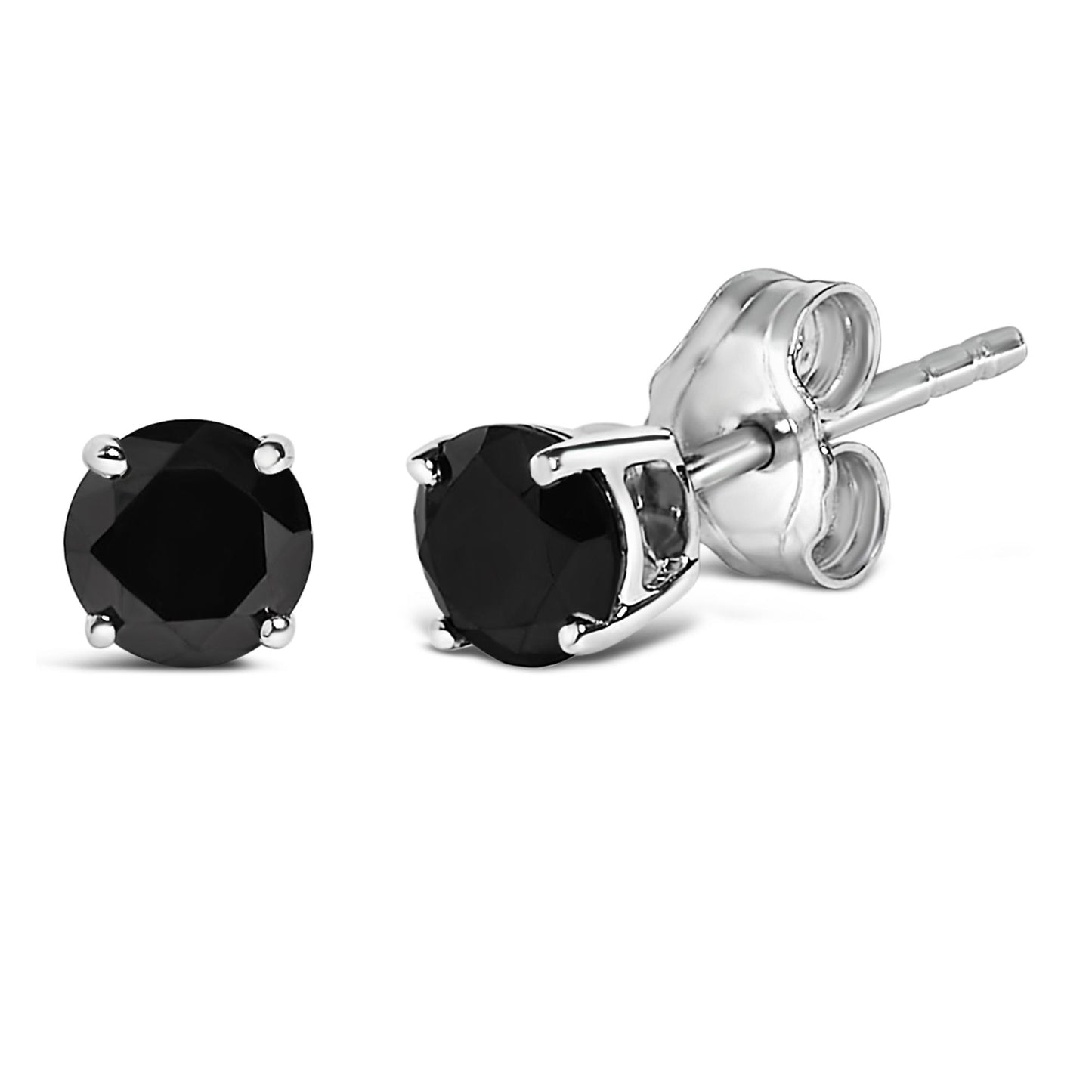 Close-up front and side angle of a pair of white metal stud earrings with round black gemstones in 4-prong settings.