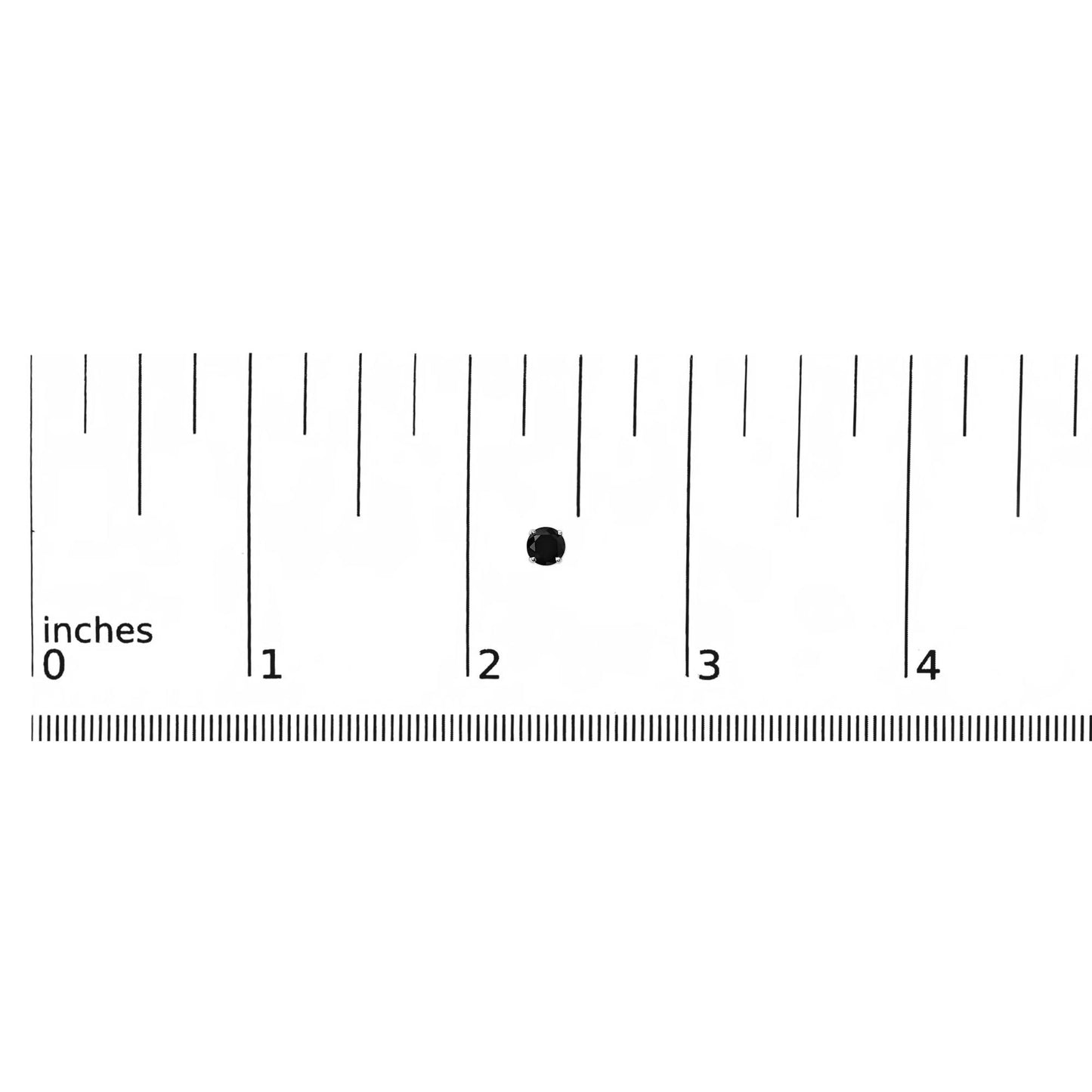 Close-up image of a white metal stud earring with a round black gemstone in a four-prong setting, shown on a scale from above.
